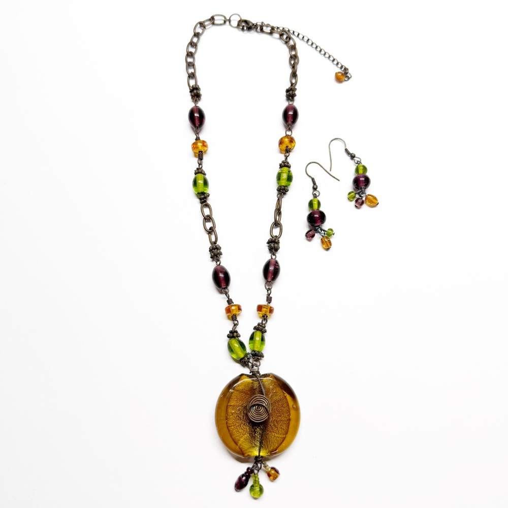 Jennifer Lee Y2K Art Glass Amber Pendant Beaded Necklace and Earrings Set